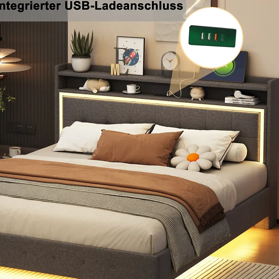Okwish Lit Double 160x200 cm - Lit capitonné Adulte avec LED Intégrée et Port USB, Pieds Cachés Lin Gris New