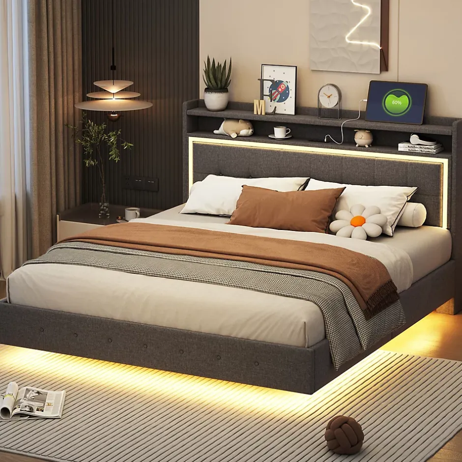 Okwish Lit Double 160x200 cm - Lit capitonné Adulte avec LED Intégrée et Port USB, Pieds Cachés Lin Gris New