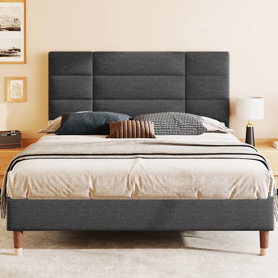 Okwish Lit double 140x200 cm - Lit capitonné avec tête de lit - Lin - Sans Matelas - Gris New