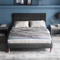 Okwish Lit double 140x200 cm - Lit capitonné avec tête de lit - Lin - Sans Matelas - Gris New