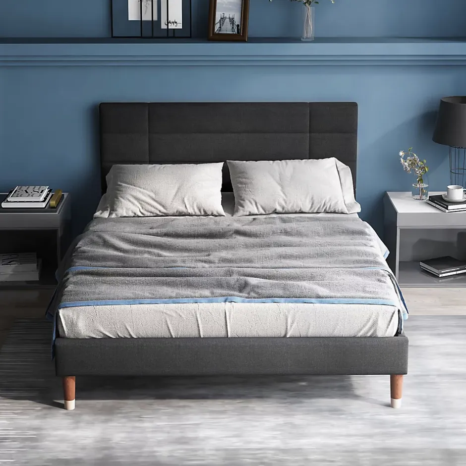 Okwish Lit double 140x200 cm - Lit capitonné avec tête de lit - Lin - Sans Matelas - Gris New
