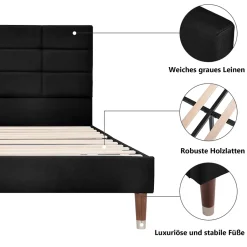 Okwish Lit double 140x200 cm - Lit capitonné avec tête de lit - Lin - Sans Matelas - Gris New