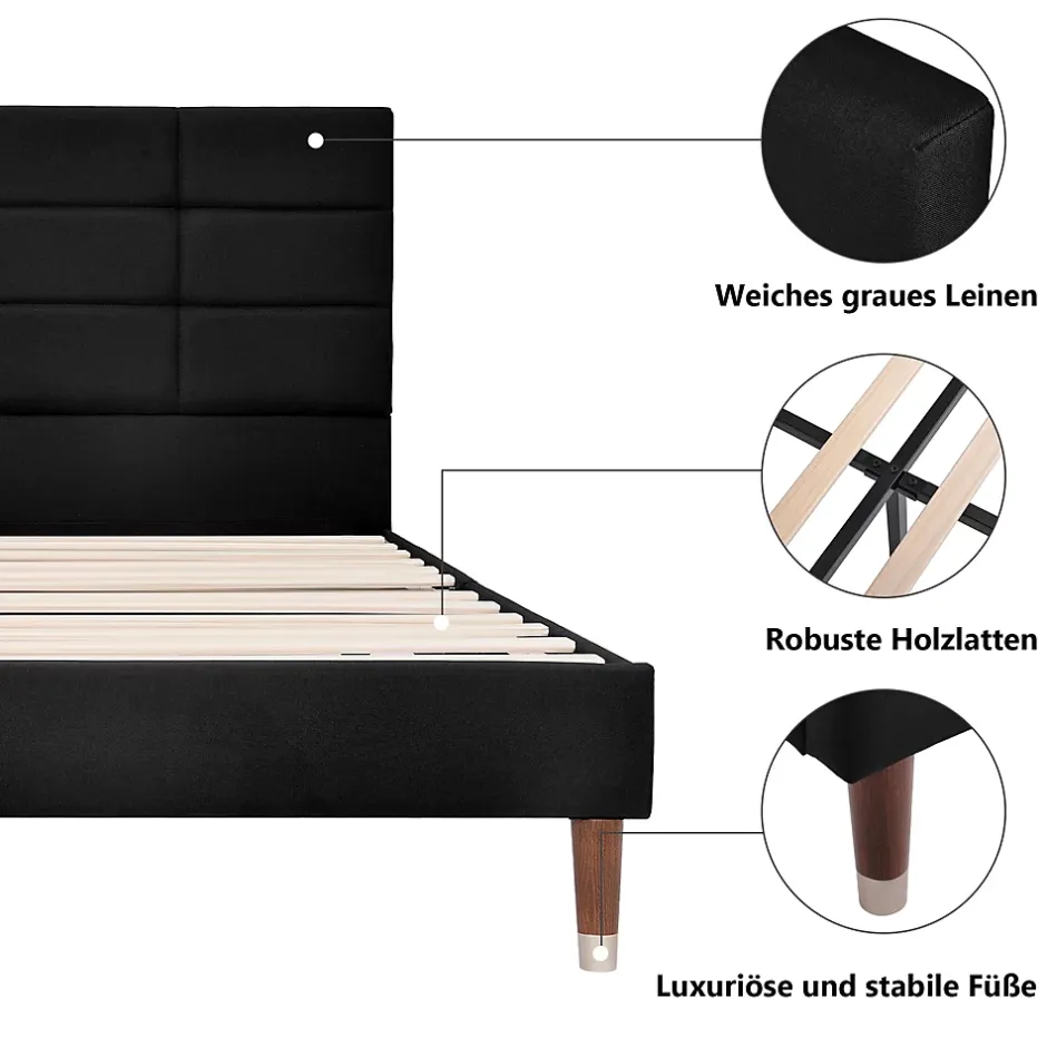 Okwish Lit double 140x200 cm - Lit capitonné avec tête de lit - Lin - Sans Matelas - Gris New