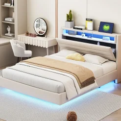 Okwish Lit Double 140x200 cm - Lit capitonné Adulte pour Ado avec LED Intégrée et Port USB, Tête de Lit Réversible Lin Gris