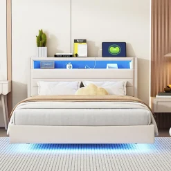 Okwish Lit Double 140x200 cm - Lit capitonné Adulte pour Ado avec LED Intégrée et Port USB, Tête de Lit Réversible Lin Gris