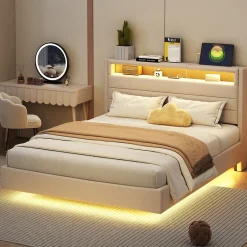 Okwish Lit Double 140x200 cm - Lit capitonné Adulte pour Ado avec LED Intégrée et Port USB, Tête de Lit Réversible Lin Gris