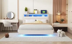 Okwish Lit Double 140x200 cm - Lit capitonné Adulte pour Ado avec LED Intégrée et Port USB, Tête de Lit Réversible Lin Gris