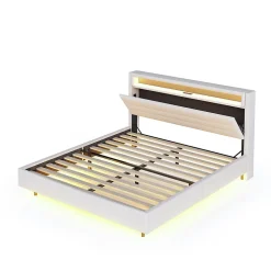 Okwish Lit Double 140x200 cm - Lit capitonné Adulte pour Ado avec LED Intégrée et Port USB, Tête de Lit Réversible Lin Gris