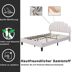 Okwish Lit Double 140x200 cm - Lit Capitonné enfant/Adulte avec Tête de Lit et Sommier à Lattes, Velours, Beige, Sans Matelas