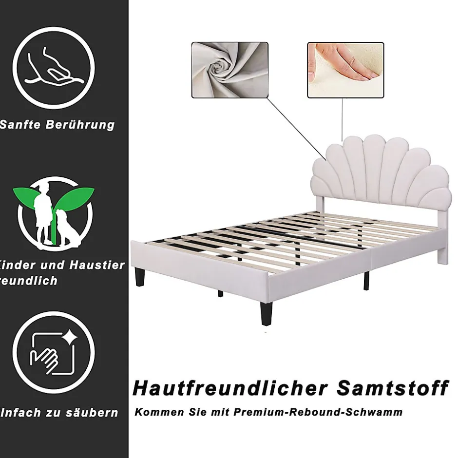 Okwish Lit Double 140x200 cm - Lit Capitonné enfant/Adulte avec Tête de Lit et Sommier à Lattes, Velours, Beige, Sans Matelas