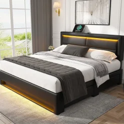 Okwish Lit Double 140x190 cm - Lit Capitonné PU avec Rangement et Ports USB - Éclairage LED Intégré - Noir - Sans Matelas Clearance