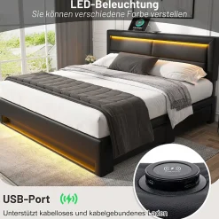 Okwish Lit Double 140x190 cm - Lit Capitonné PU avec Rangement et Ports USB - Éclairage LED Intégré - Noir - Sans Matelas Clearance