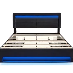 Okwish Lit Double 140x190 cm - Lit Capitonné PU avec Rangement et Ports USB - Éclairage LED Intégré - Noir - Sans Matelas Clearance
