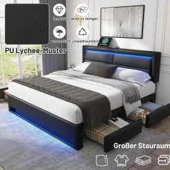 Okwish Lit Double 140x190 cm - Lit Capitonné PU avec Rangement et Ports USB - Éclairage LED Intégré - Noir - Sans Matelas Clearance