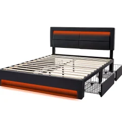 Okwish Lit Double 140x190 cm - Lit Capitonné PU avec Rangement et Ports USB - Éclairage LED Intégré - Noir - Sans Matelas Clearance