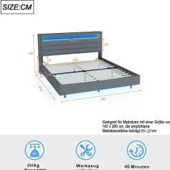 Okwish Lit Double 140x200 cm - Lit capitonné Adulte pour Ado avec LED Intégrée et Port USB, Tête de Lit Réversible Lin Gris