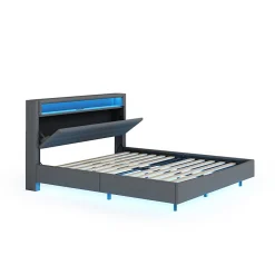 Okwish Lit Double 140x200 cm - Lit capitonné Adulte pour Ado avec LED Intégrée et Port USB, Tête de Lit Réversible Lin Gris