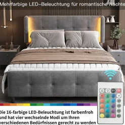 Okwish Lit Double 140x200 cm - Lit Capitonné avec Bandes LED 16 s - Sans Matelas - Velours Gris