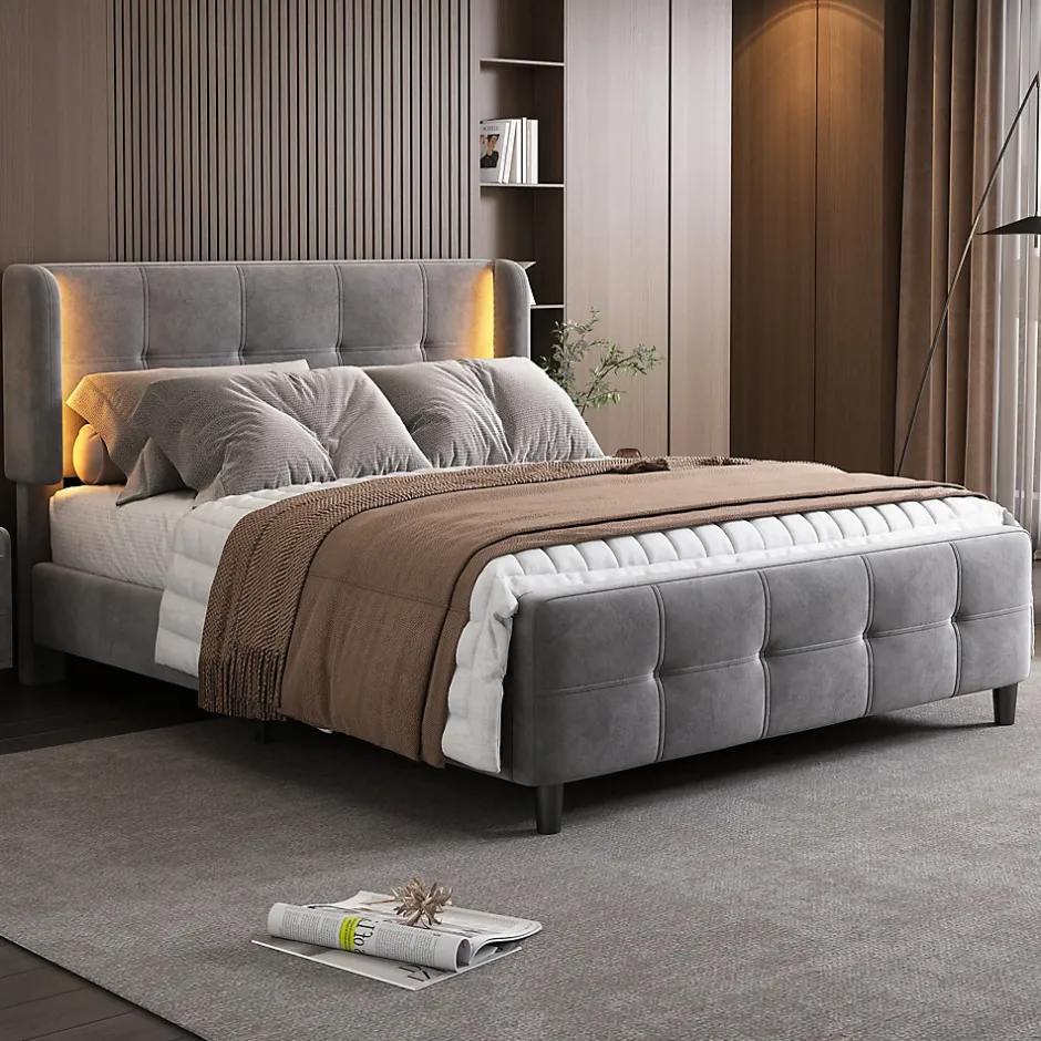 Okwish Lit Double 140x200 cm - Lit Capitonné avec Bandes LED 16 s - Sans Matelas - Velours Gris