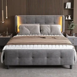 Okwish Lit Double 140x200 cm - Lit Capitonné avec Bandes LED 16 s - Sans Matelas - Velours Gris