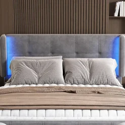 Okwish Lit Double 140x200 cm - Lit Capitonné avec Bandes LED 16 s - Sans Matelas - Velours Gris