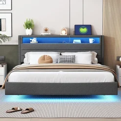 Okwish Lit Double 160x200 cm - Lit capitonné Adulte pour Ado avec LED Intégrée et Port USB, Tête de Lit Réversible Lin Gris