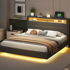 Okwish Lit Double 160x200 cm - Lit capitonné Adulte pour Ado avec LED Intégrée et Port USB, Tête de Lit Réversible Lin Gris
