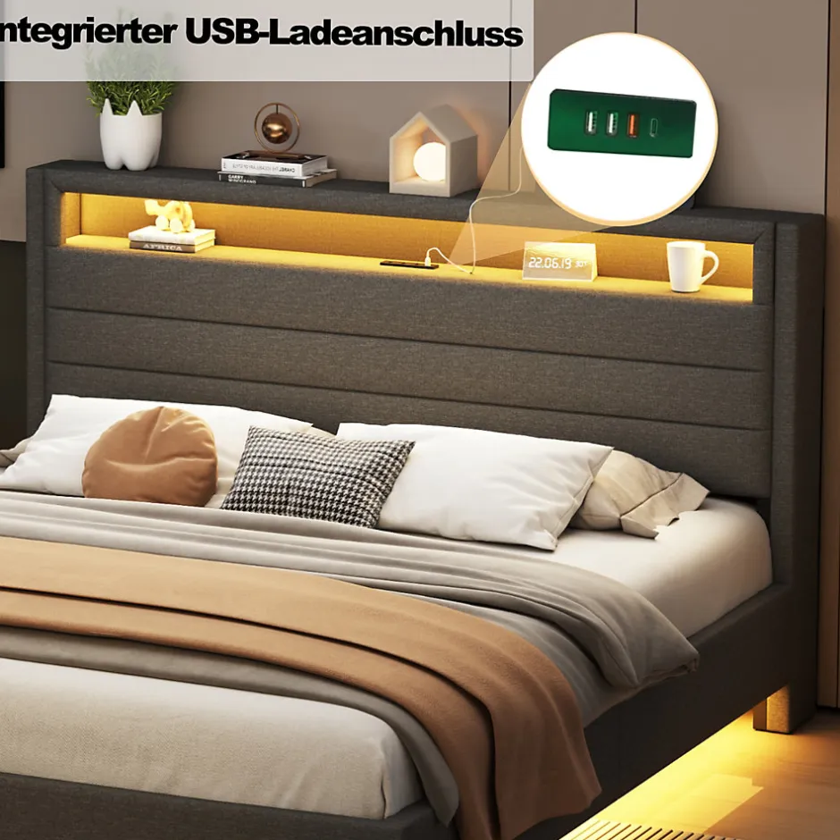 Okwish Lit Double 160x200 cm - Lit capitonné Adulte pour Ado avec LED Intégrée et Port USB, Tête de Lit Réversible Lin Gris