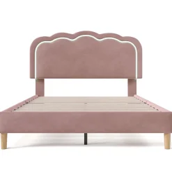 Okwish Lit double 140x200 cm - Lit capitonné avec tête de lit LED réglable - Sans Matelas - Velours - Rose Sale