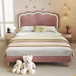 Okwish Lit double 140x200 cm - Lit capitonné avec tête de lit LED réglable - Sans Matelas - Velours - Rose Sale