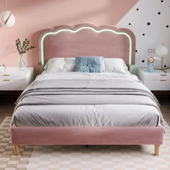 Okwish Lit double 140x200 cm - Lit capitonné avec tête de lit LED réglable - Sans Matelas - Velours - Rose Sale