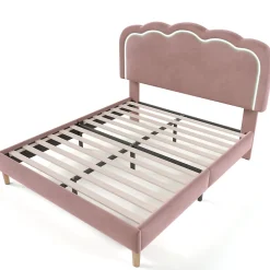 Okwish Lit double 140x200 cm - Lit capitonné avec tête de lit LED réglable - Sans Matelas - Velours - Rose Sale
