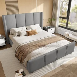 Okwish Lit double 140x190 cm - Lit capitonné moderne avec tête et pied de lit hauts, port USB intégré - Sans matelas - Gris foncé