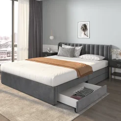Okwish Lit Double 180x200 cm - Lit Capitonné en Velours Gris avec 2 Tiroirs de Rangement, Sommier à Lattes Inclus, Style Moderne