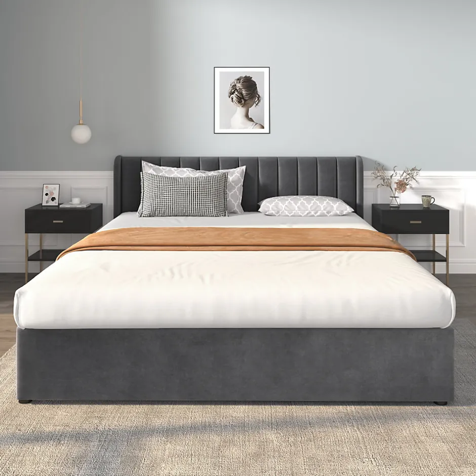 Okwish Lit Double 180x200 cm - Lit Capitonné en Velours Gris avec 2 Tiroirs de Rangement, Sommier à Lattes Inclus, Style Moderne