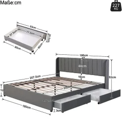 Okwish Lit Double 180x200 cm - Lit Capitonné en Velours Gris avec 2 Tiroirs de Rangement, Sommier à Lattes Inclus, Style Moderne
