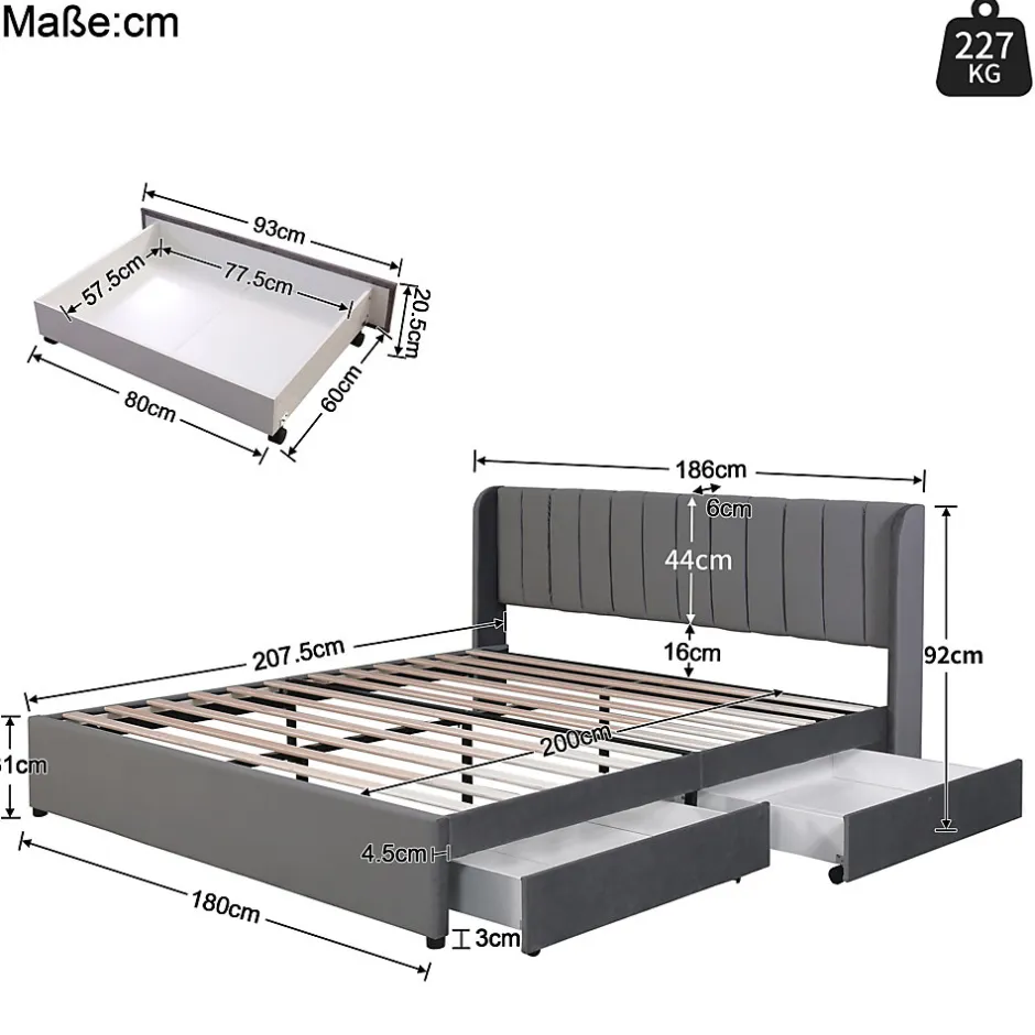 Okwish Lit Double 180x200 cm - Lit Capitonné en Velours Gris avec 2 Tiroirs de Rangement, Sommier à Lattes Inclus, Style Moderne