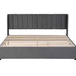 Okwish Lit Double 180x200 cm - Lit Capitonné en Velours Gris avec 2 Tiroirs de Rangement, Sommier à Lattes Inclus, Style Moderne
