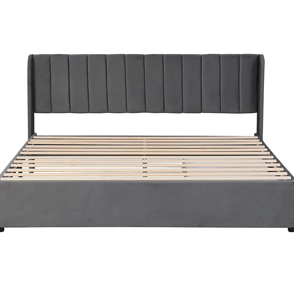 Okwish Lit Double 180x200 cm - Lit Capitonné en Velours Gris avec 2 Tiroirs de Rangement, Sommier à Lattes Inclus, Style Moderne