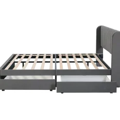 Okwish Lit Double 180x200 cm - Lit Capitonné en Velours Gris avec 2 Tiroirs de Rangement, Sommier à Lattes Inclus, Style Moderne