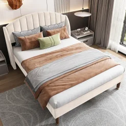 Okwish Lit Double 140x190 cm - Lit Capitonné ado - Velours - Élégance Moderne - Sans Matelas - Beige