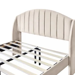 Okwish Lit Double 140x190 cm - Lit Capitonné ado - Velours - Élégance Moderne - Sans Matelas - Beige