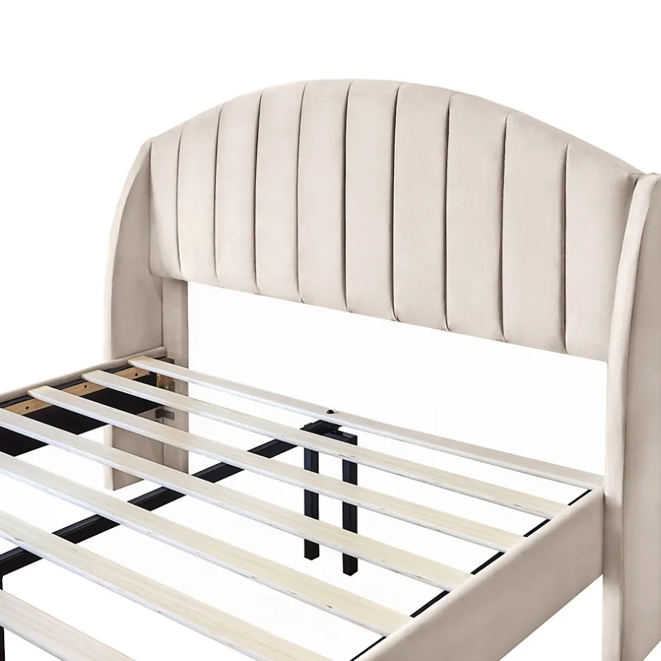 Okwish Lit Double 140x190 cm - Lit Capitonné ado - Velours - Élégance Moderne - Sans Matelas - Beige