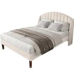 Okwish Lit Double 140x190 cm - Lit Capitonné ado - Velours - Élégance Moderne - Sans Matelas - Beige