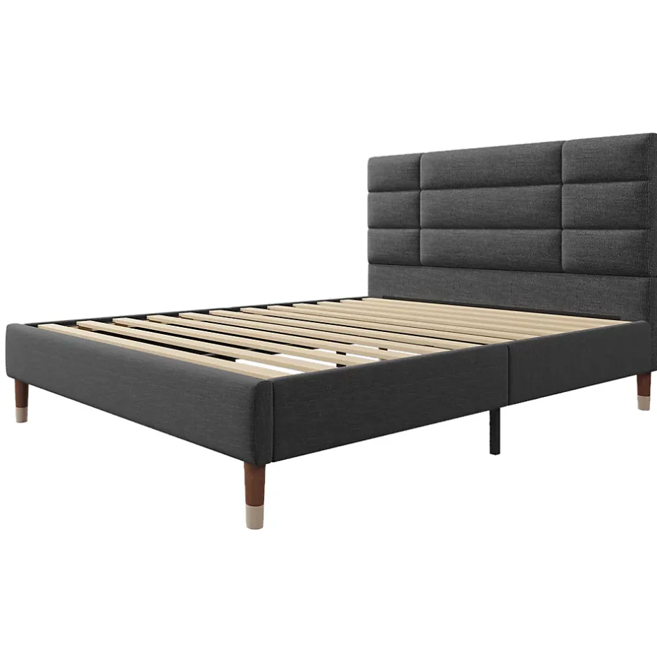 Okwish Lit double 140x200 cm - Lit capitonné avec sommier à lattes - Lin - avec Matelas - Gris Online