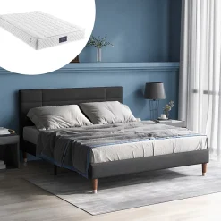 Okwish Lit double 140x200 cm - Lit capitonné avec sommier à lattes - Lin - avec Matelas - Gris Online