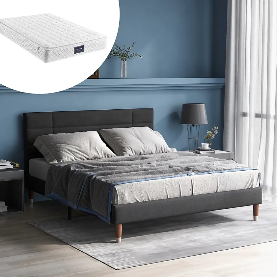 Okwish Lit double 140x200 cm - Lit capitonné avec sommier à lattes - Lin - avec Matelas - Gris Online