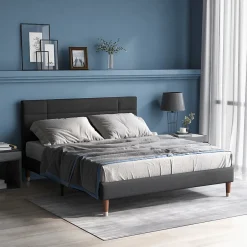 Okwish Lit double 140x200 cm - Lit capitonné avec sommier à lattes - Lin - avec Matelas - Gris Online