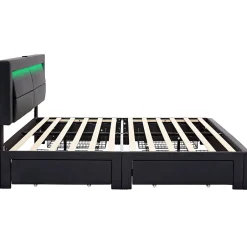 Okwish Lit Double 140x200 cm - Lit Capitonné PU avec Rangement et Ports USB - Éclairage LED Télécommandé - Noir - Sans Matelas Online