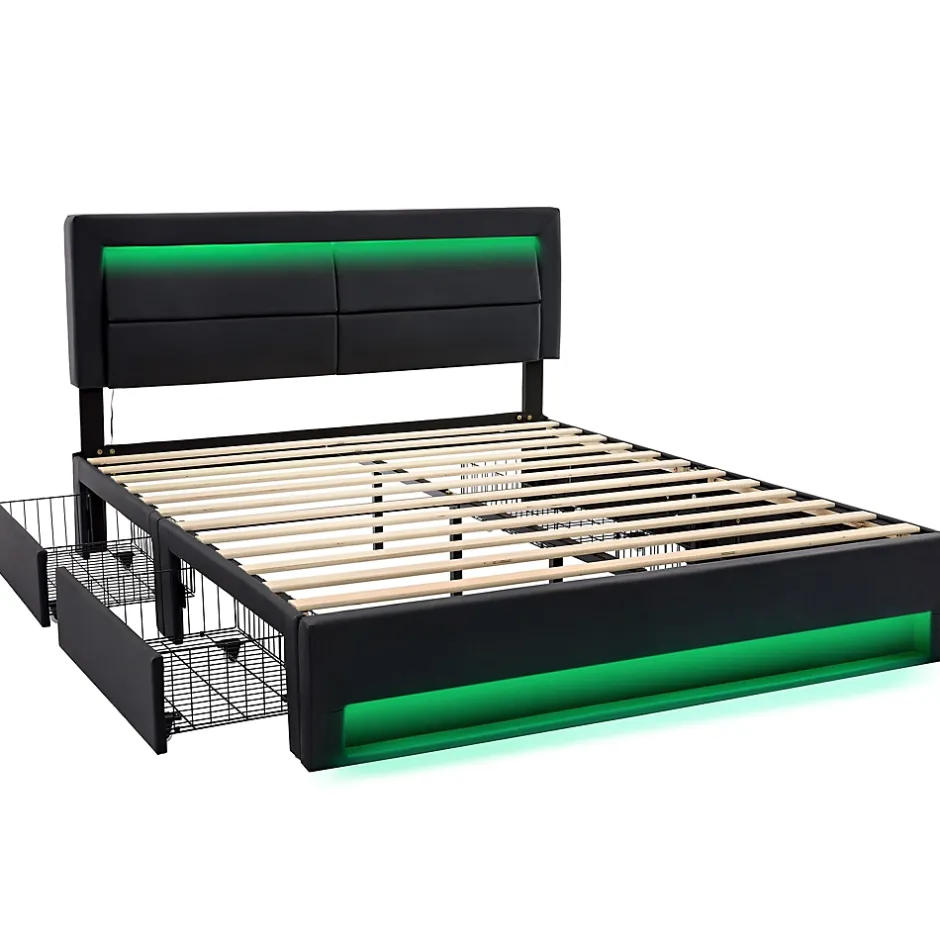 Okwish Lit Double 140x200 cm - Lit Capitonné PU avec Rangement et Ports USB - Éclairage LED Télécommandé - Noir - Sans Matelas Online